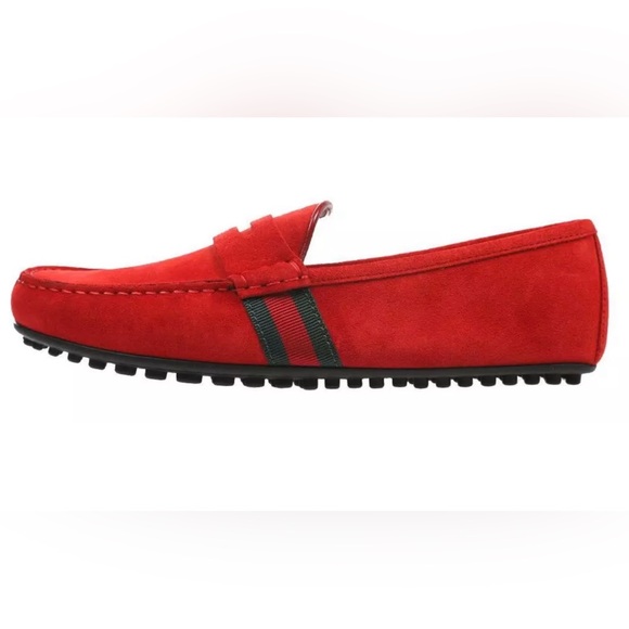 GUCCI RED SUEDE LEATHER WEB DETAIL MOCCASIN LOAFERS SHOES 5.5/US 6 NWB - Picture 4 of 8